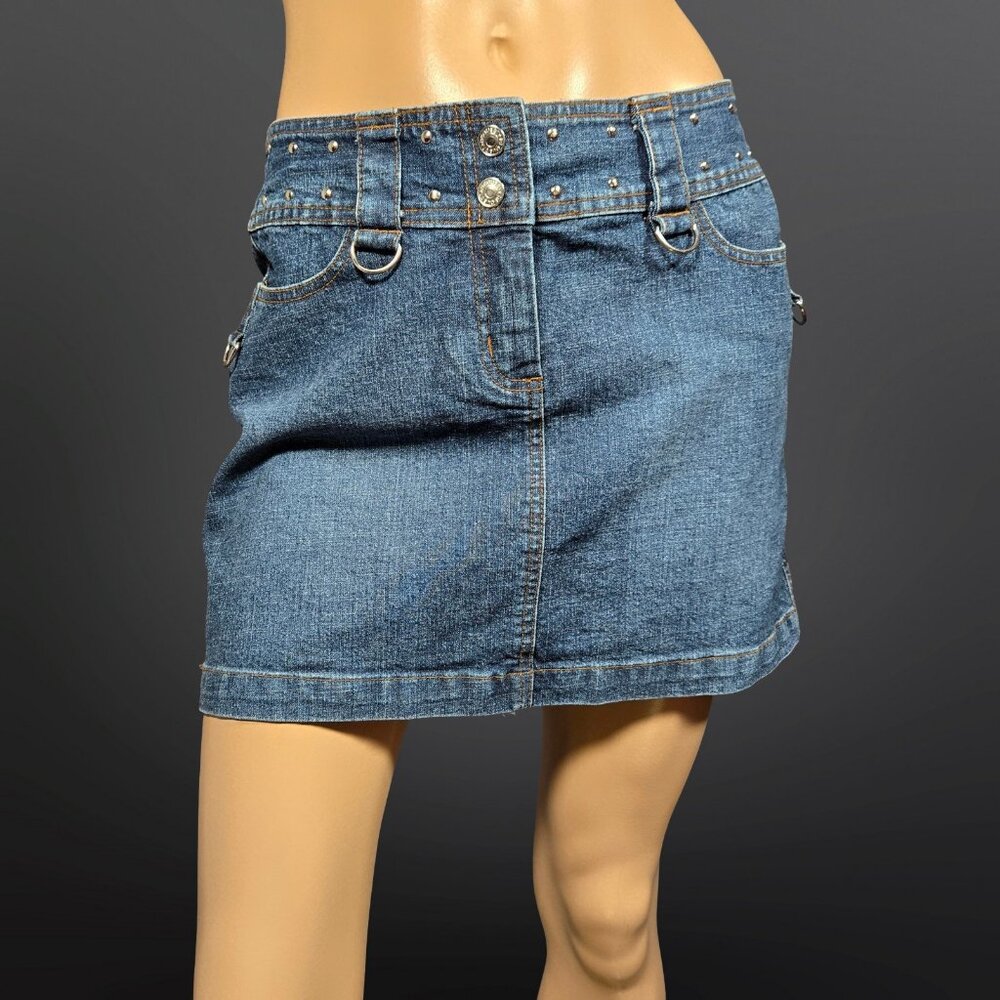 Y2K Studded Denim Mini Skirt Size 9 D Rings Mid Rise Grunge Indie Sleaze Emo
